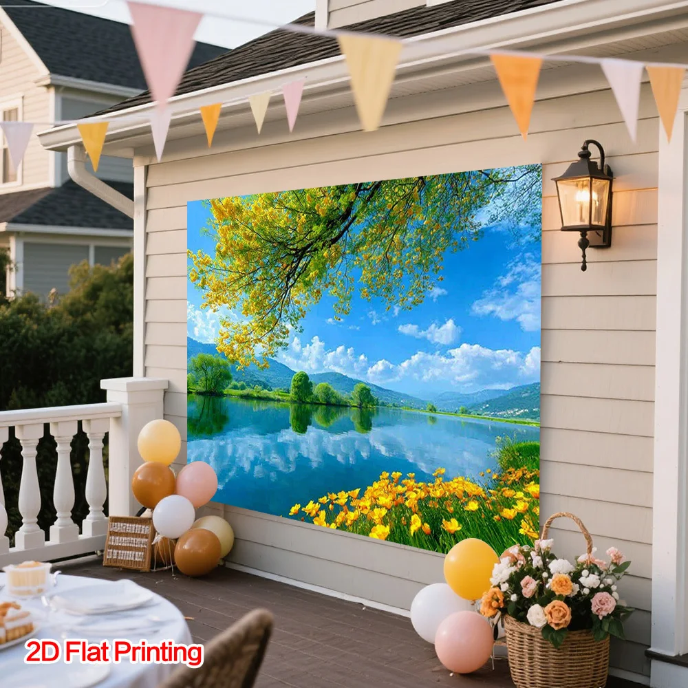 Scenic Landscape Wall Art Canvas Print Blue Sky Yellow Flowers Nature Scene Water View Home Decor Tapestry Decor Gift