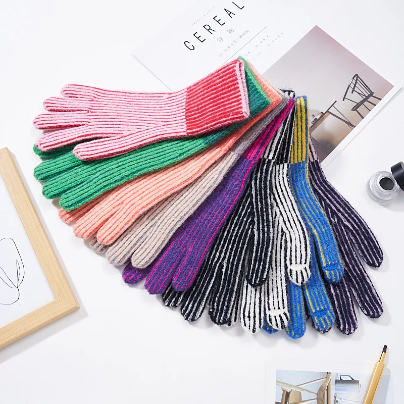 new fashion Striped color-blocked fingerless keep warm windproof gloves for women with touch screen cycling knitted students