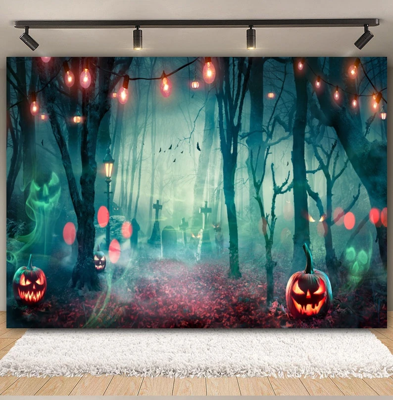 Fondo de bosque de Halloween, fotografía de Horror, Luna, noche, calabaza, terrorífica, bosque brumoso, fiesta del Día de Todos los Santos, Fondo de estudio fotográfico