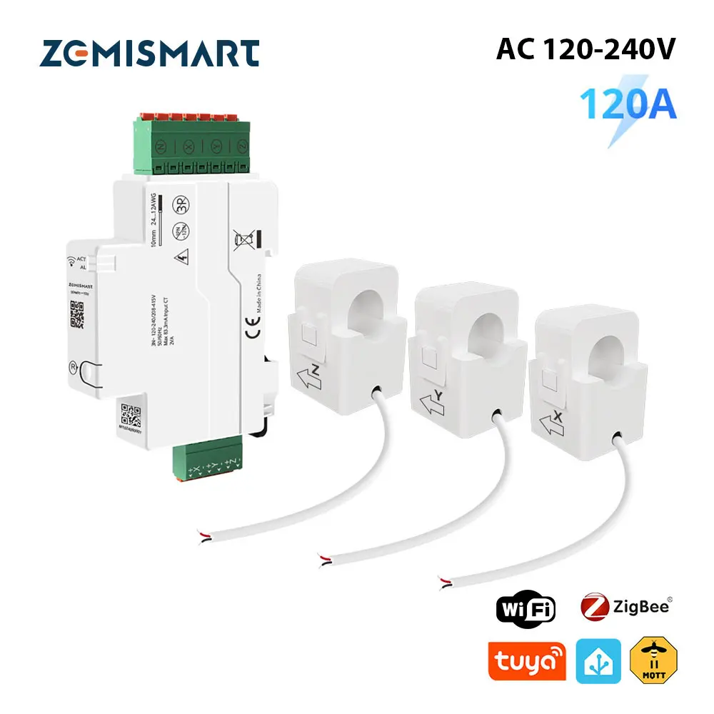 Zemismart Tuya Zigbee WiFi 120A 3 Phase Energy Meter Smart Din-rail Power Monitor Withdrawable Split-core CTs 120V 240V