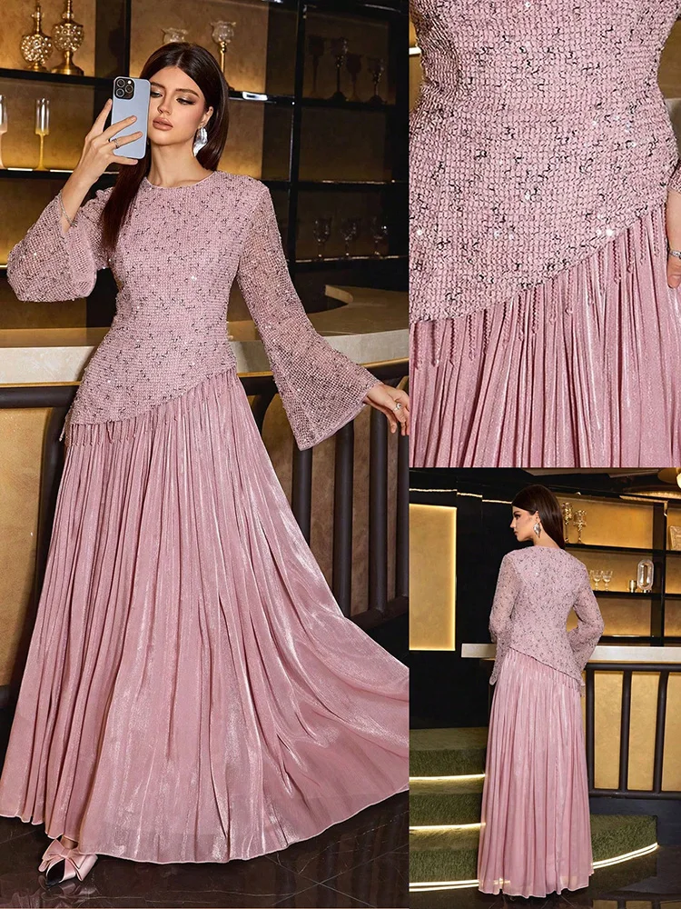 TOLEEN Elegante, asymmetrische, langärmlige Maxikleider mit Rosenperlen, bezauberndes formelles Kleid mit Rundhalsausschnitt und Pailletten, ausgestelltes Kleid für Hochzeitsfeiern