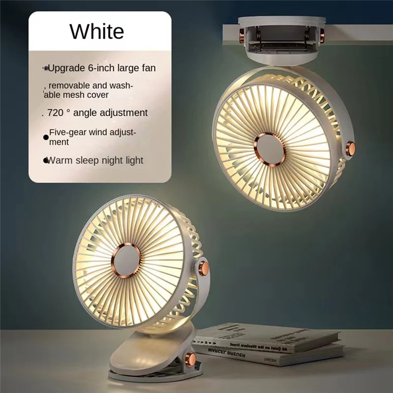 ABGR-USB Ventilatore con clip di ricarica Ventilatore con clip portatile Mini ventilatore da tavolo personale silenzioso a 5 velocità 720 °   Ventola di rotazione