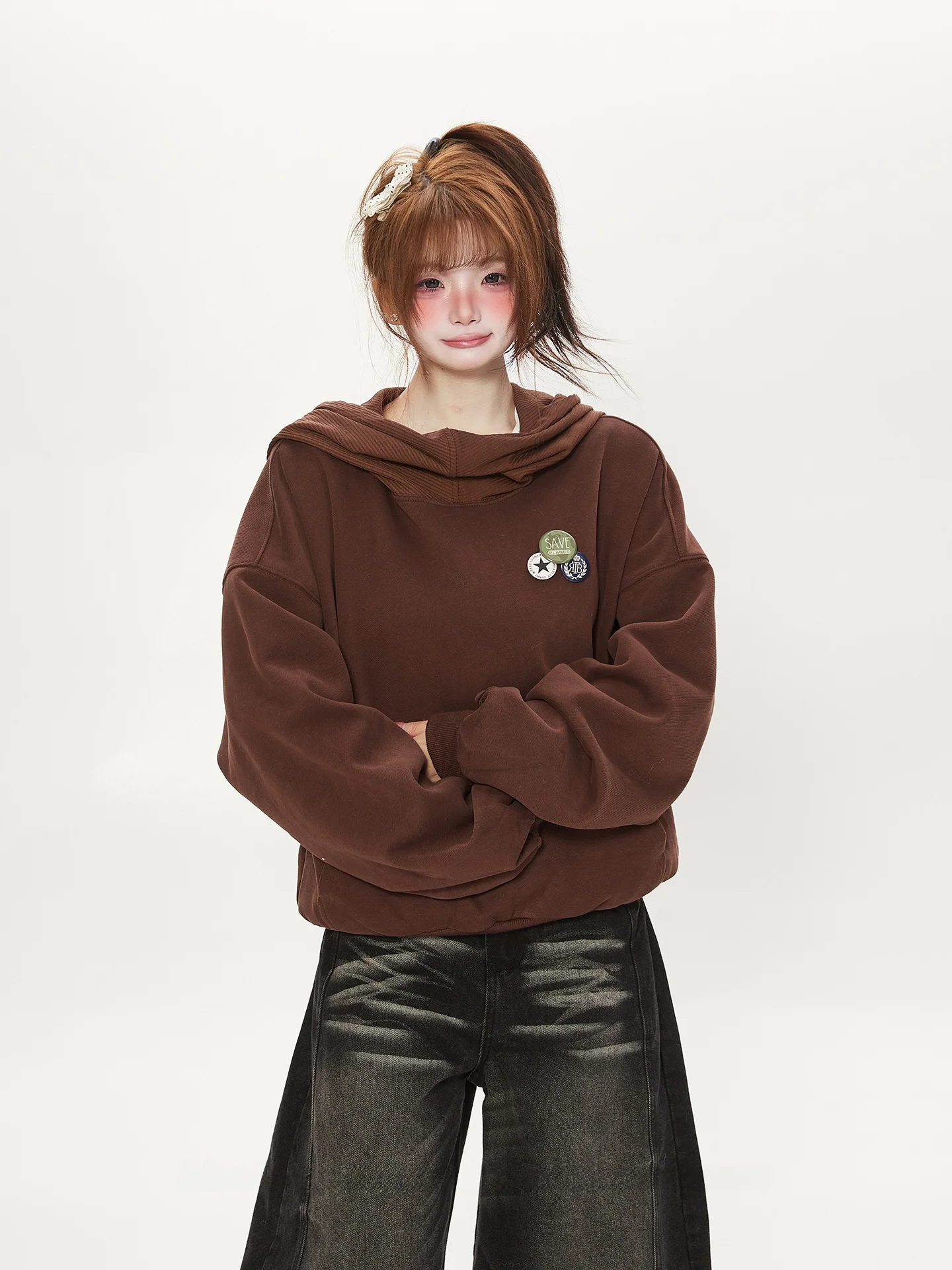 

Retro American Lazy Sle Loose Hoodie Women's Spring Autumn Couple Sand Dune Wind Coat Trendy Overhead Jaet