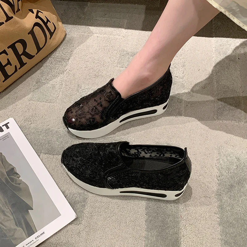 Female Wedge Shoes Sequin Mesh Breathable Shoes Women White Gold Platform Sneakers Women Height Increasing Wedges Shoes Casual