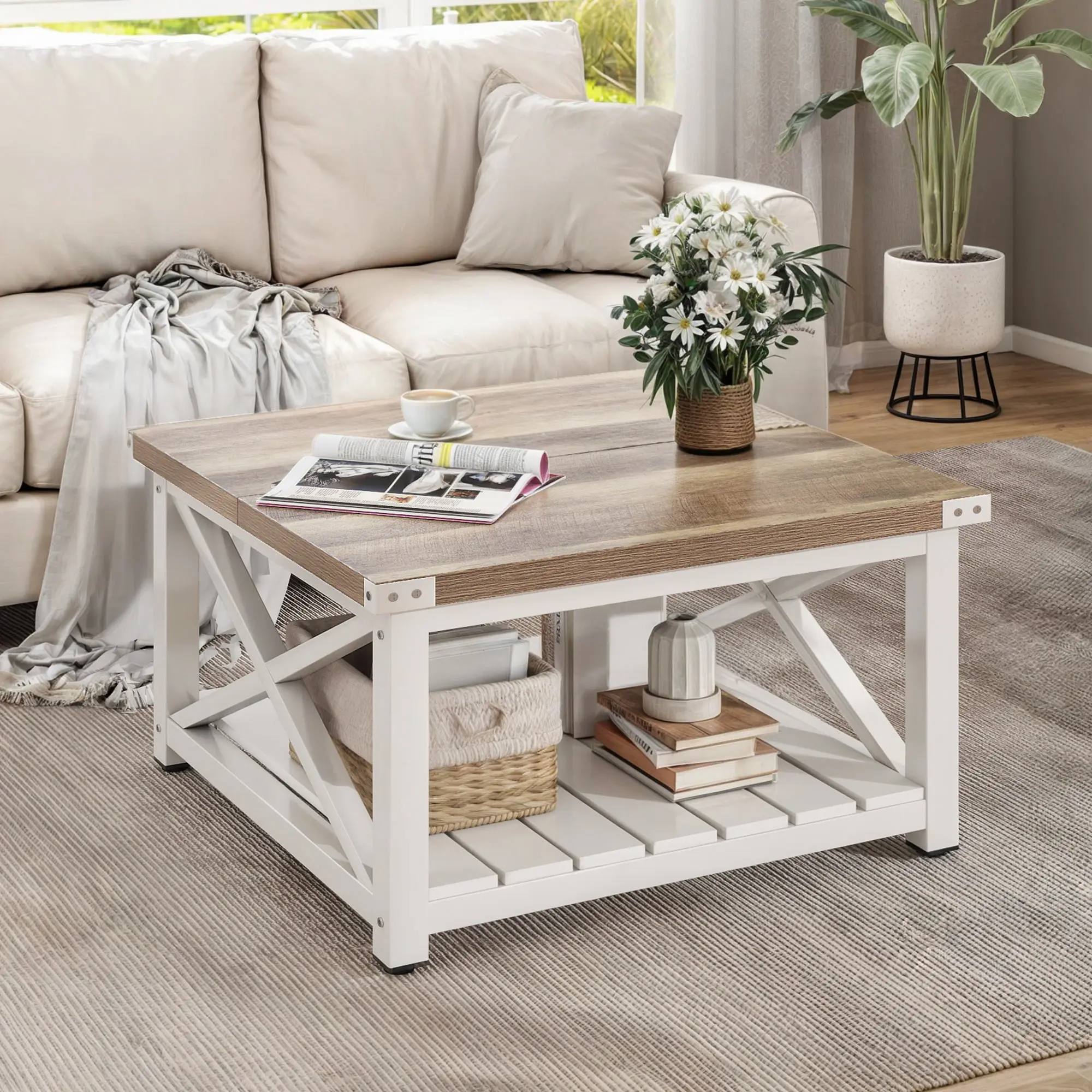 Farmhouse Coffee Table Square Center Table with Open Storage Shelf Living Room