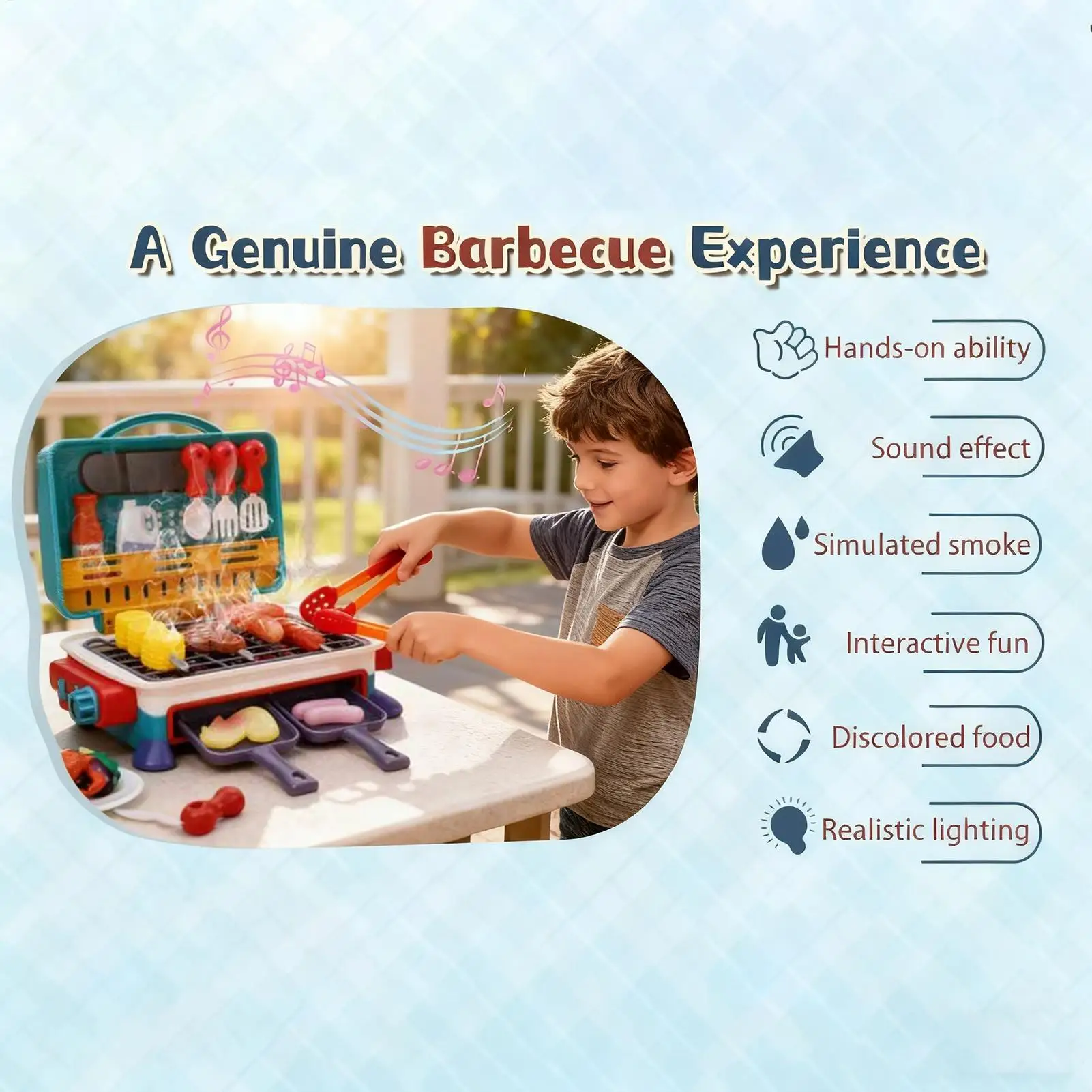 NEUES Kinder-BBQ-Grill-Spielset mit Ton und Licht, sensorisches vorgetäuschtes Grillspielzeug für Kleinkinder, Jungen, Mädchen, Kinder