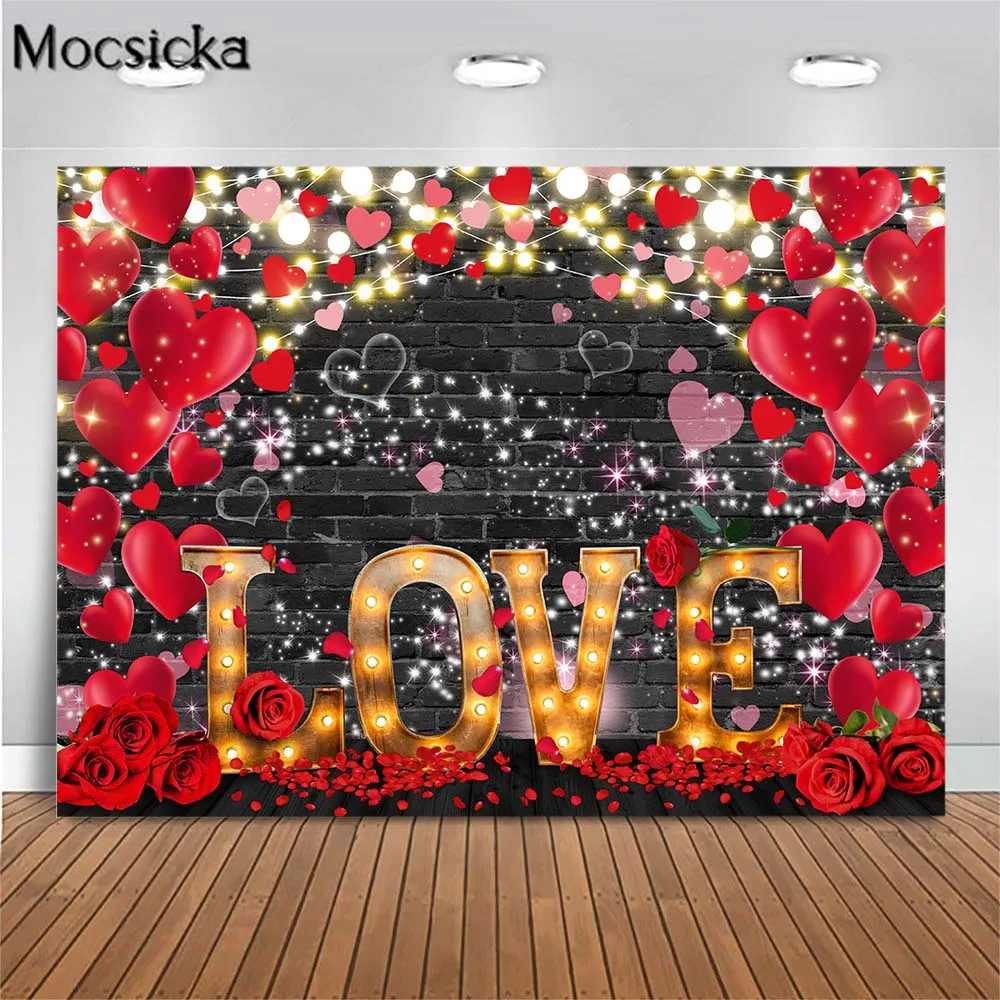 

Mocsicka Valentine's Day Photography Backgrounds Rose Love Heart Wedding Black Brick Wall Backdrop Photo Studio Photoshoot Props