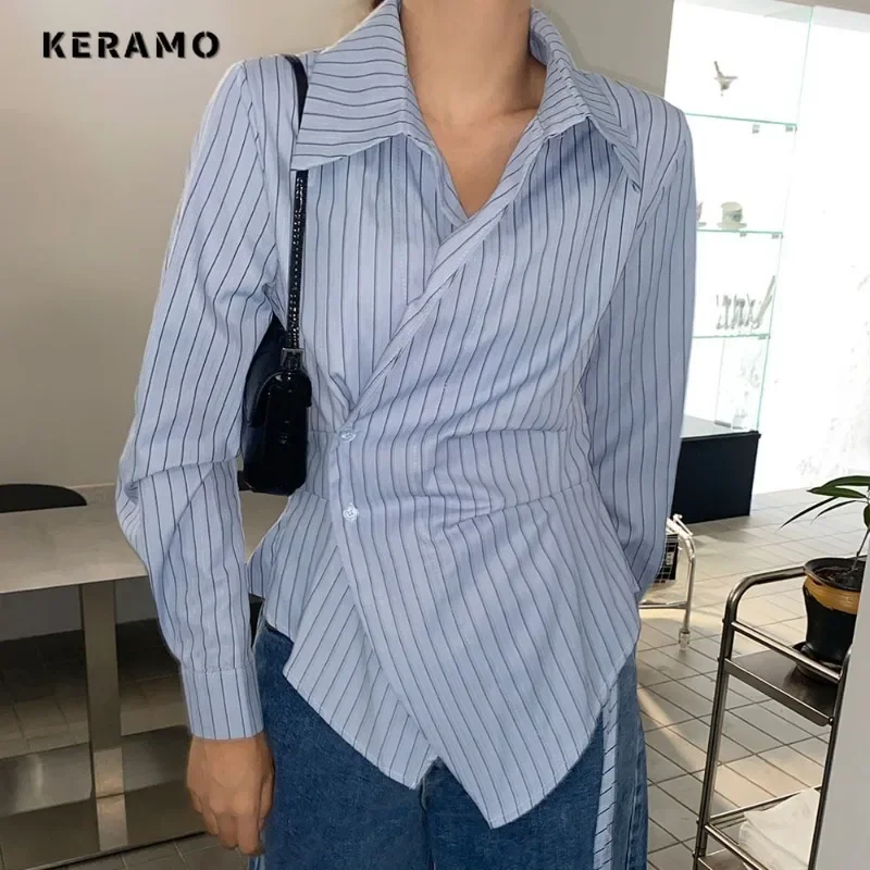 

2025 Spring Casual New Fashion Striped Loose Single Breasted Shirt Women's Turn-Down Collar Long Sleeve Basics Blouse Top
