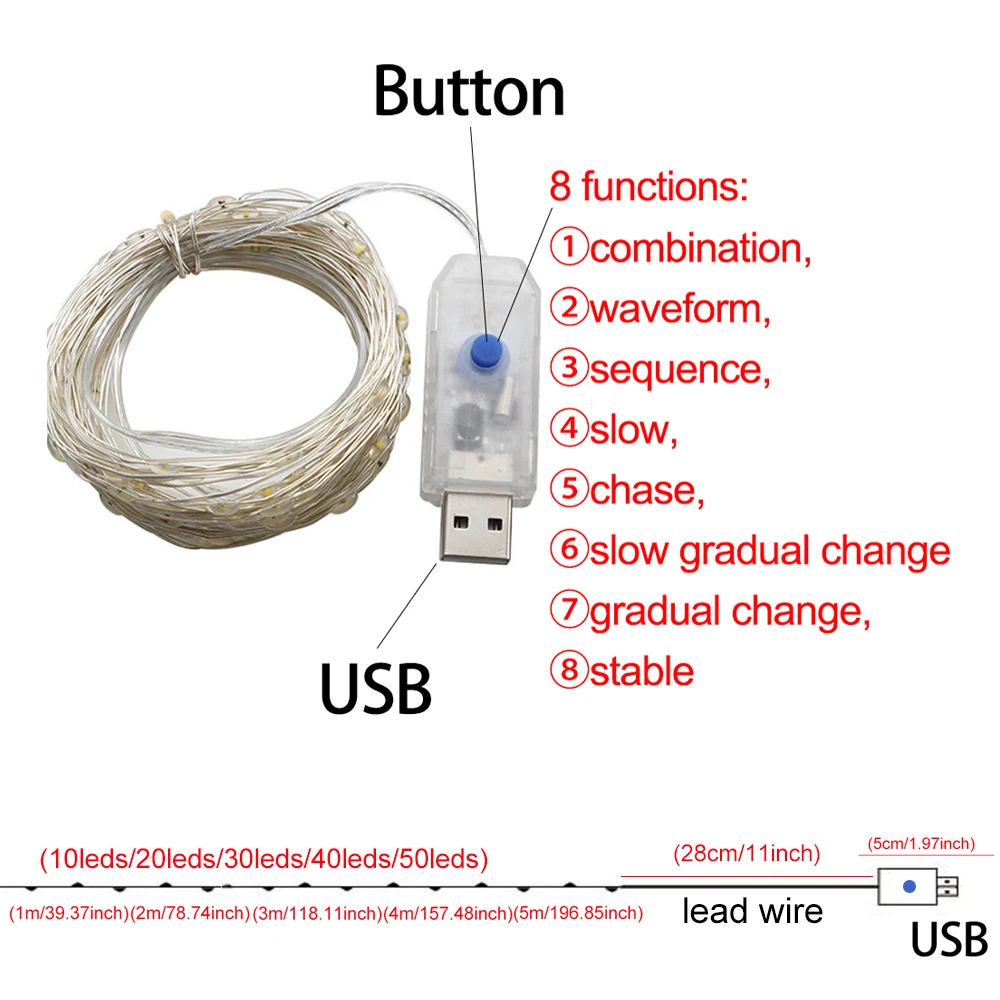 USB LED銅線フェアリーライト,8つの照明モード,防水,クリスマス,結婚式,パーティー,庭,休暇,家の装飾用