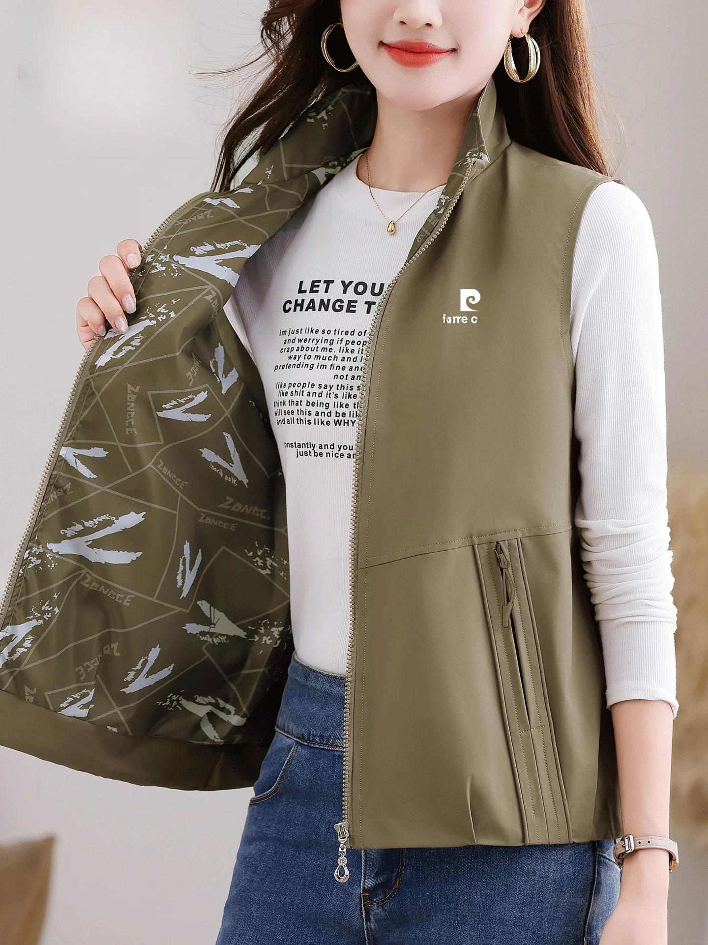 Chaleco Corto Casual Pierre Cardin para Mujer, Ropa Exterior de Primavera y Otoño, Nuevo Estilo, Chaleco con Hombreras para Mamá, con Bolsillo con Cremallera