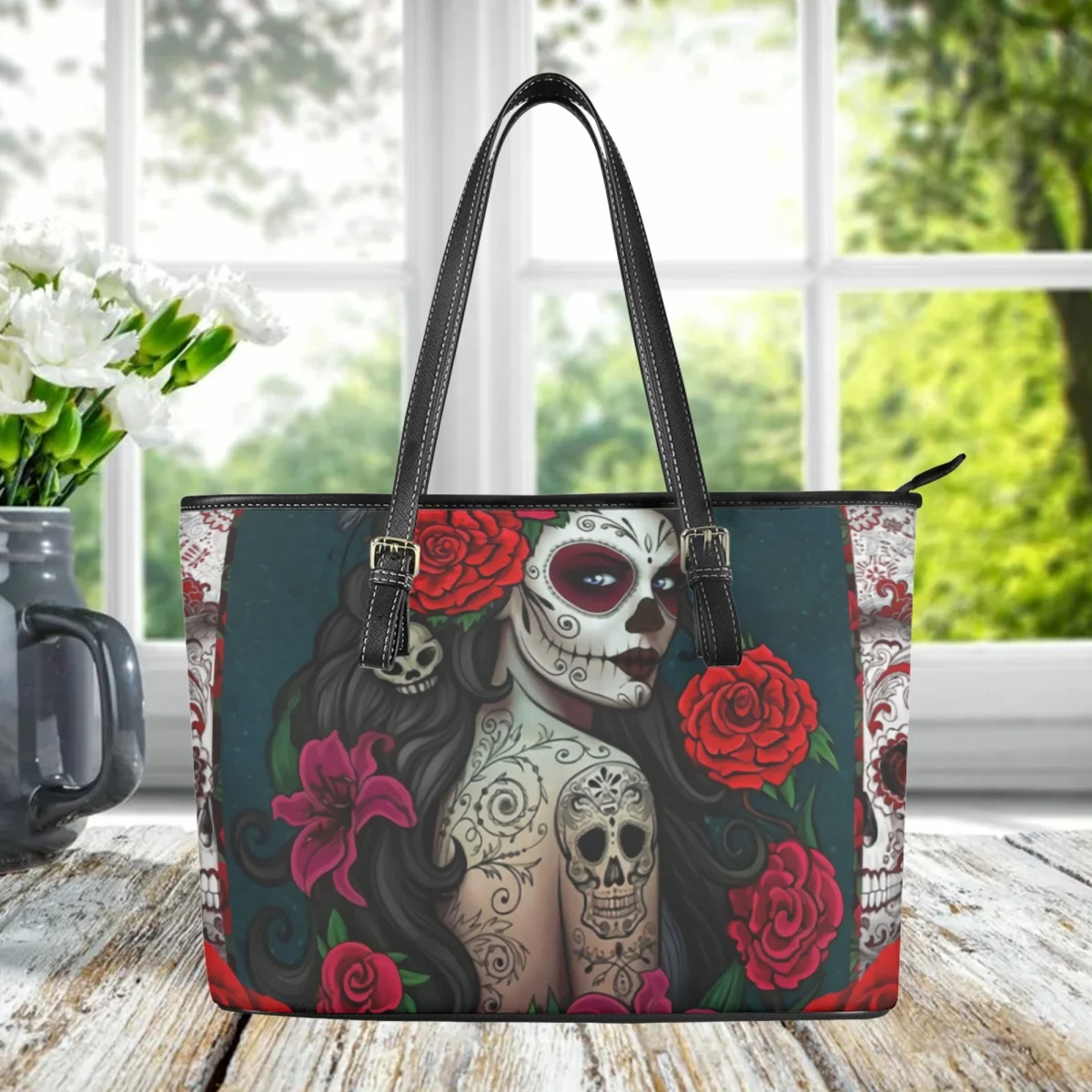 

Gothic Sugar Skull Girl Rose Luxury Design Hand Bags Fashion Travel Portable Small Totes Purse New Classic Trend Shoulder Bag