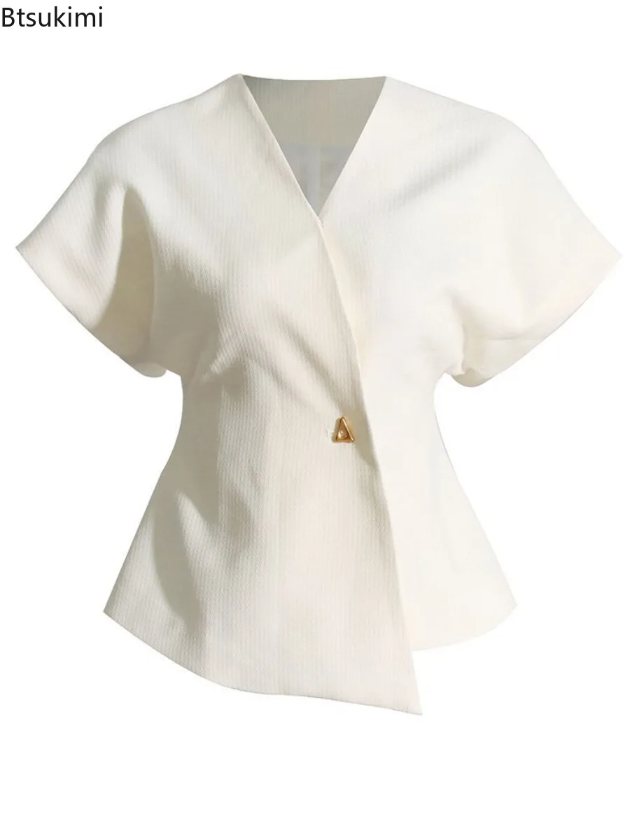 2025 Autumn Elegant Women T-shirt V-neck Single Button Tops French Style Irregular Top Solid Short Sleeved Women Y2k Streetwear