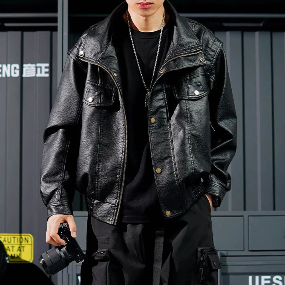 

Mens Autumn Pu Leather Jacket Loose Casual Coat Streetwear Fashion Stage Performance Short Jacket Men'S Clothing 2025 New