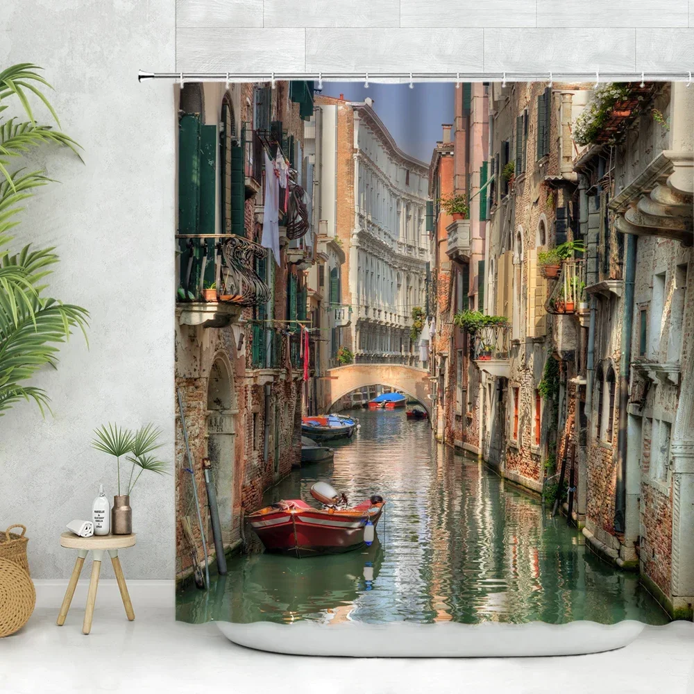 City Landscape Shower Curtain Hand-painted Watercolor Architecture Tower Scenery Aesthetic Art Street Scene Home Bathroom Decor