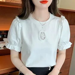 2023 New Summer Fashion Simple Round Neck Lace Embroidery Wood Ear Edge Bubble Sleeves Sweet Small Fresh Versatile T-shirt