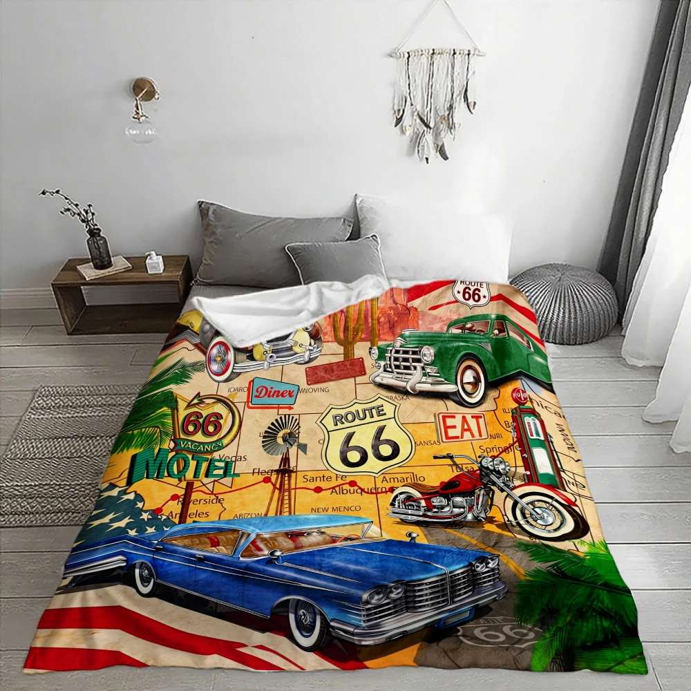 Route 66 Vintage Cars, Road Trip Enthusiasts Gift, Soft Cozy Blanket, Retro American Flag Map Design, Multi-Purpose Home Decor T