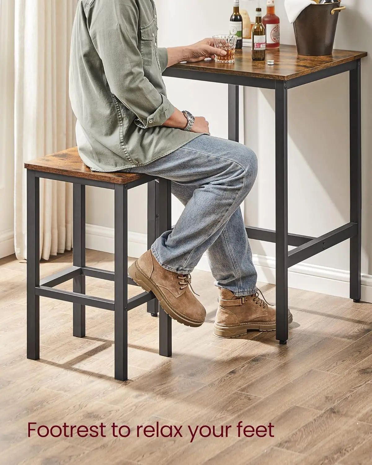 Table and Chairs Set, Square Table with 2 Bar Stools, Dining Pub Bar Table Set for 2, Space Saving for Kitchen B