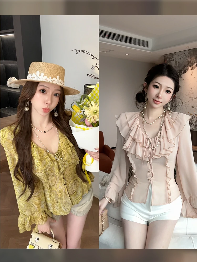 

Женская блузка из шифона с V-образным вырезом и цветочным принтом, с длинными рукавами-колокол, повседневная, из полиэстера, стандартный крой, для весеннего сезона