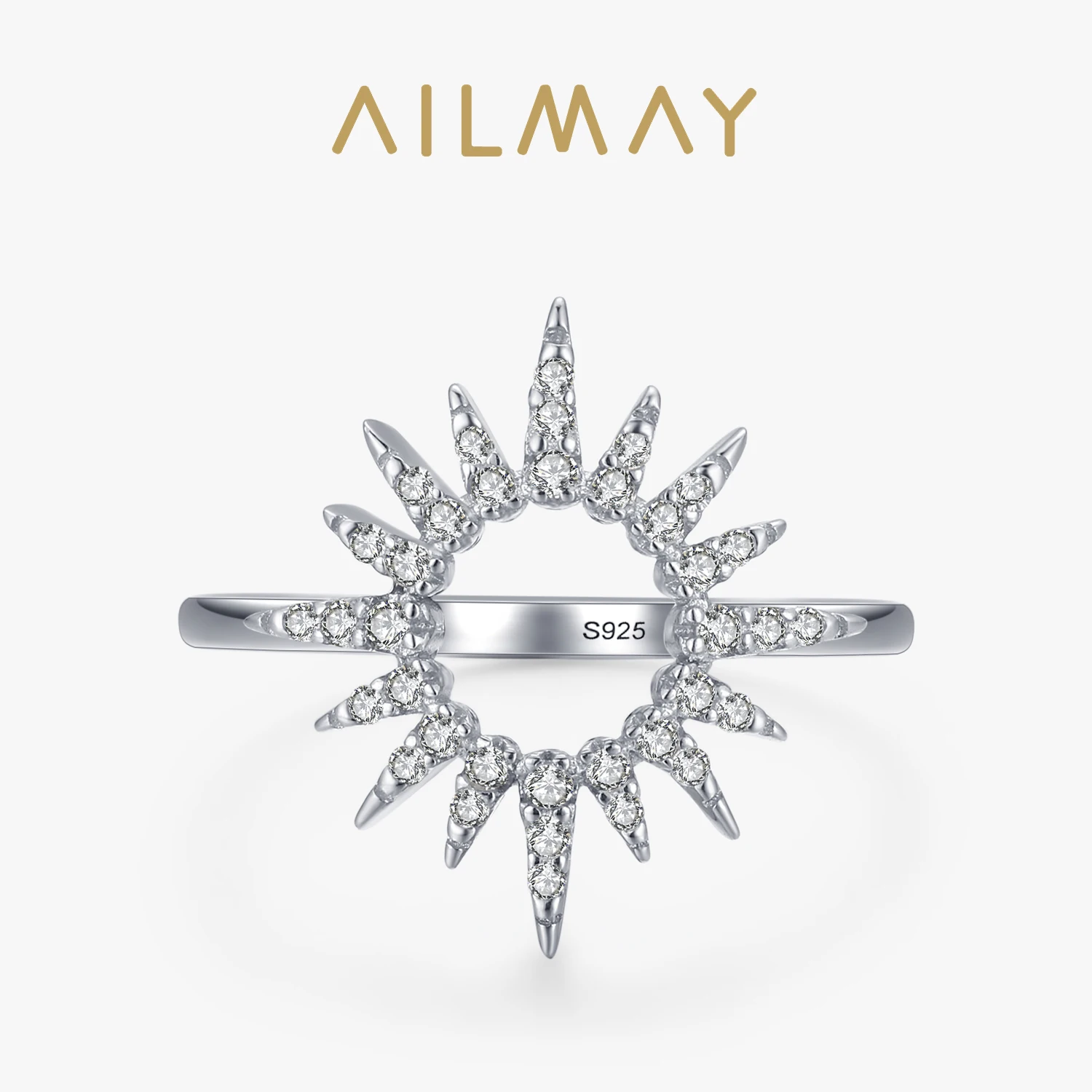 Ailmay Fashion Fine Sun Flower Sparkling Clear Zircon Finger Ring For Women 925 Sterling Silver Romantic Wedding Jewelry Gift