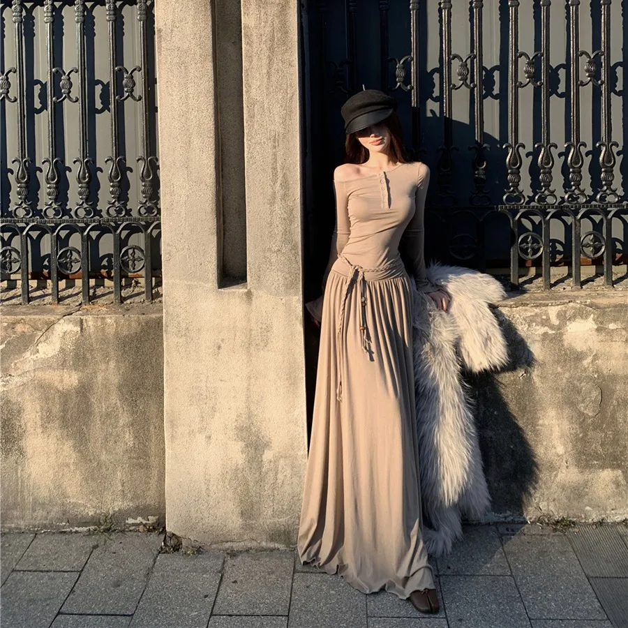 Sexy longue Sve asymétrique oulder minceur Dr rétro vêtements intérieurs trajet taille haute coréen Sle automne nouveau Dr des femmes