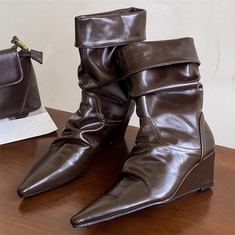 

Aneikeh/весенне-осенние короткие ботильоны на танкетке, женские ботильоны на высоком каблуке, модный дизайн, плиссированные лаконичные туфли с острым носком