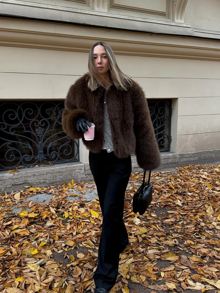 Brown O-neck Cropped Quiet Luxury Vintage Faux Fox Fur Coat Premiun Chic Vibes Women Fuzzy Jacket Chic Classic Iconic Outfit