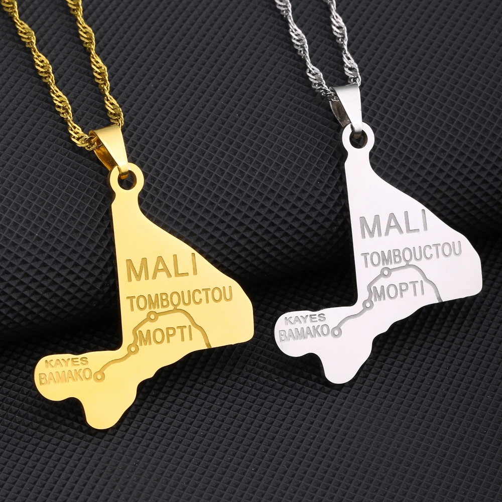 African Republic of Mali Map City Pendant Necklace Stainless Steel Men Women Maps Jewelry Gift