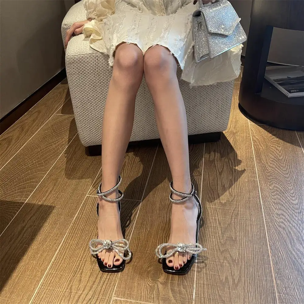 Summer New Style Square Head Rhinestone Bow Stiletto Heel Women Sandals Roman Strap Silver Ladies High Heel Dress Shoes