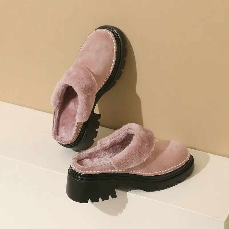 Soft Warm Faux Suede Fur Winter Women Slides Shoes Chunky Heels Slip-on Plush Lined Slippers Outside Pink Grey Mules Big Size 43