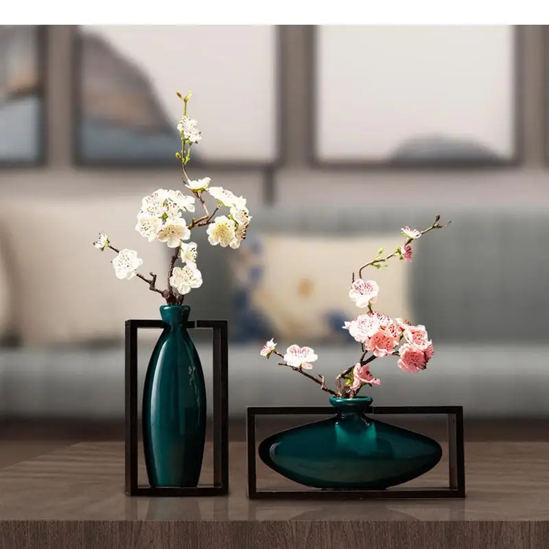 2 Pcs/set Chinese Classic Ceramics Vases Square Frame Flower Insert Dried Floral Desktop Porcelain Vase Vintage Home Decor