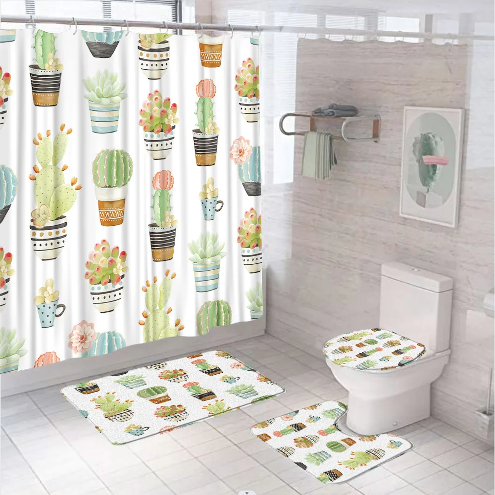 Watercolor Cactus Bathroom Sets Green Potted Plant Shower Curtain Non-Slip Rug Colorful Bohemian Toilet Lid Cover Bath Mat Home