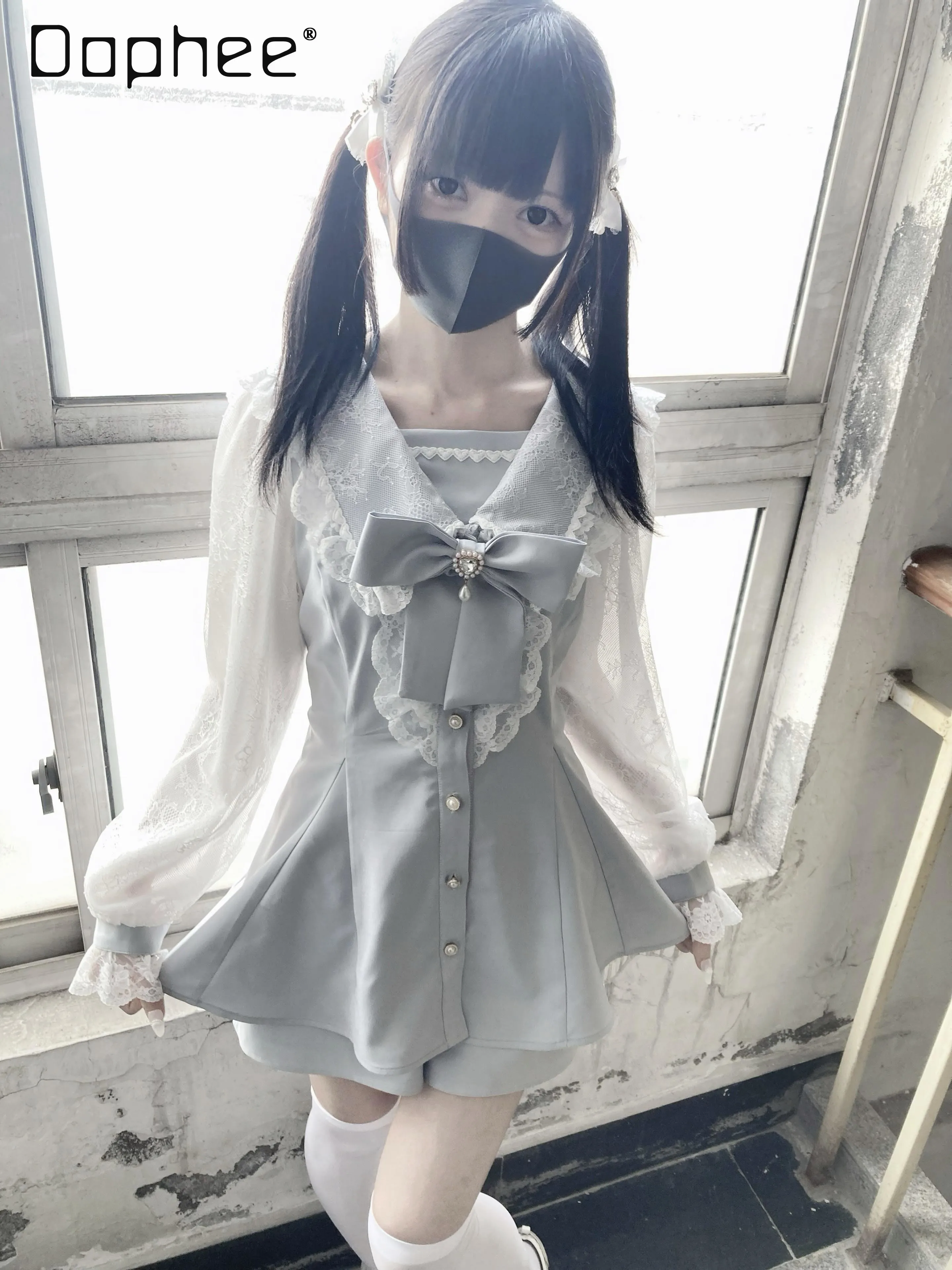 

Japanese Mine Sweet Lace Long Sleeve Dress Suit Big Bow Blue Shorts House Series Mass-Produced Sailor Collar Mesh Outfit 2 Pcs