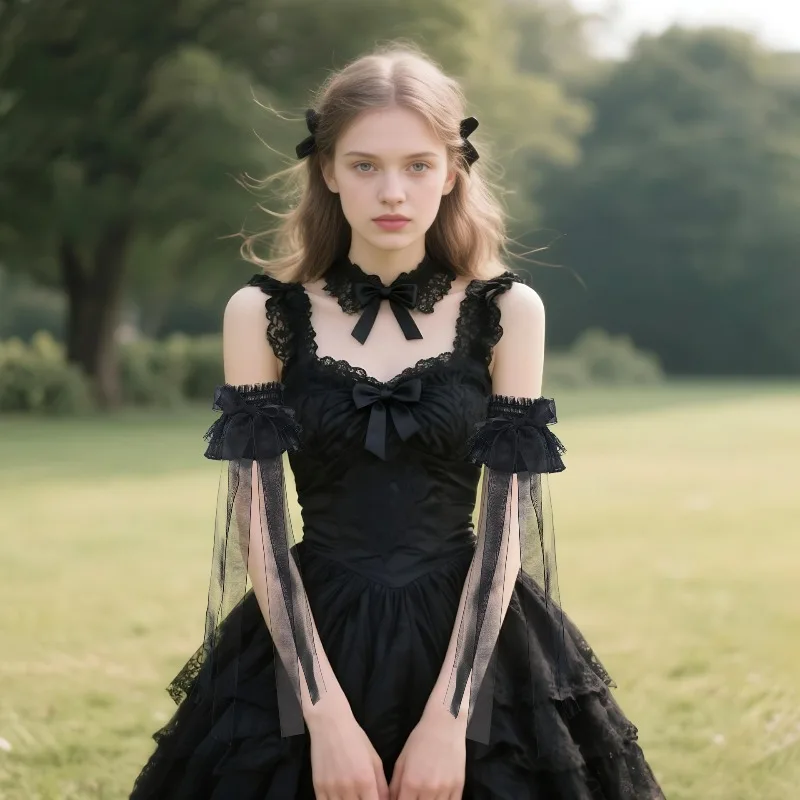 

New Lolita lace bow arm sleeves with long ribbons, cute and sweet
