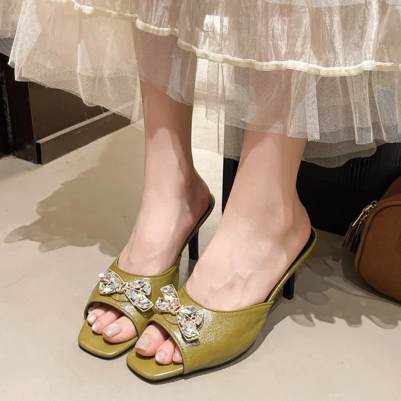 

Women Crystal High Heels Slippers Shoes Summer 2025 Elegant Slingback Sandals Designer Brand Open Toe Square-toed Slides Woman