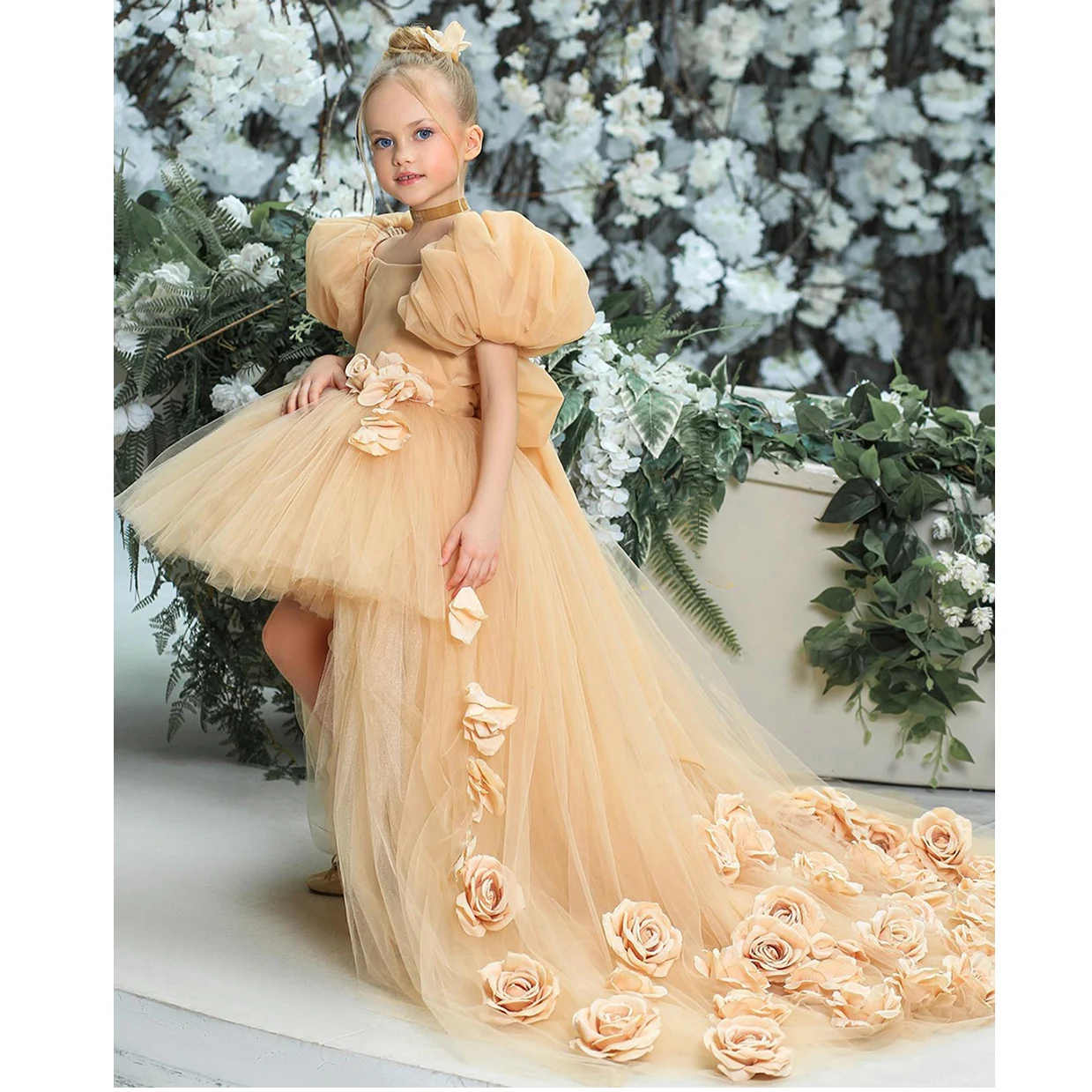 

Elegant Scoop High Low Kid's Pageant Dress Champagne Princess Flower Girl Dresses Baby New Year Outfit Children's Dance Wear