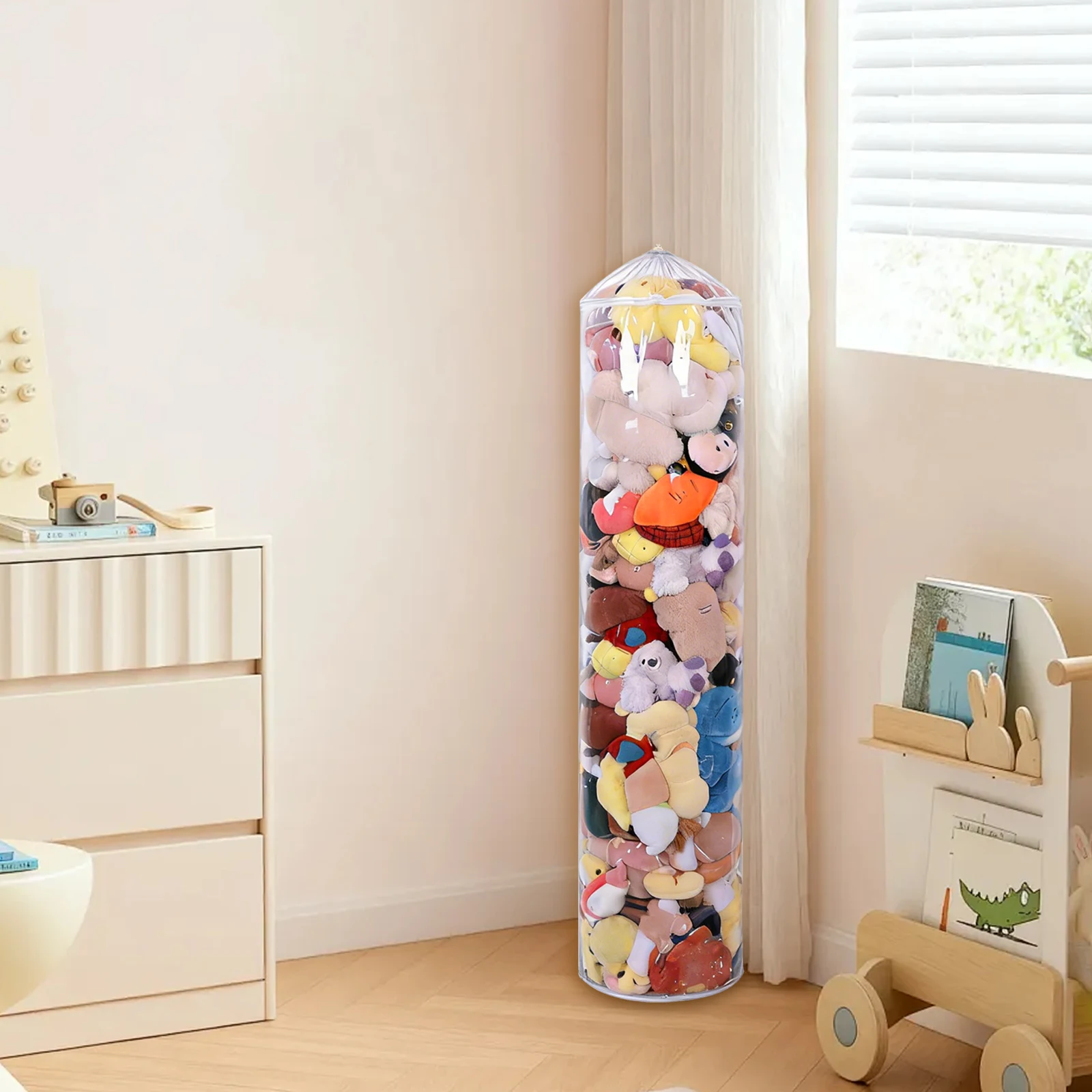 Cylindrical Plush Toy Storage Bean Bag  Cover with Zipper Clear Waterproof PVC Stuffed Animal Storage Bag for Kids Play Boxing