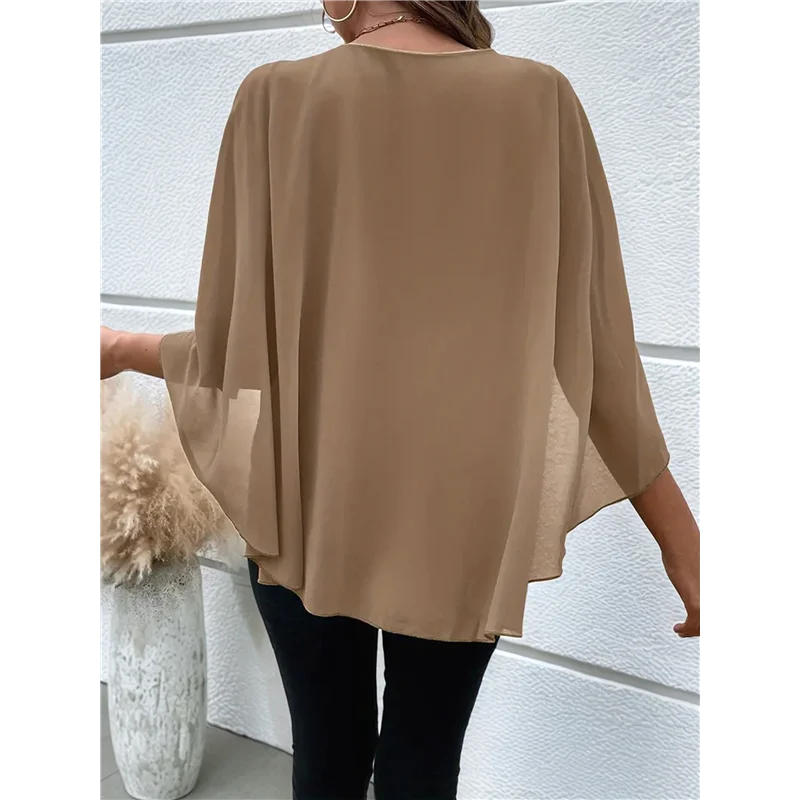 

Women's Multi-Layer Cape Sleeve Solid Crew Neck Chiffion Top Loose Summer Sweatshirt Casual Elegant Shirt