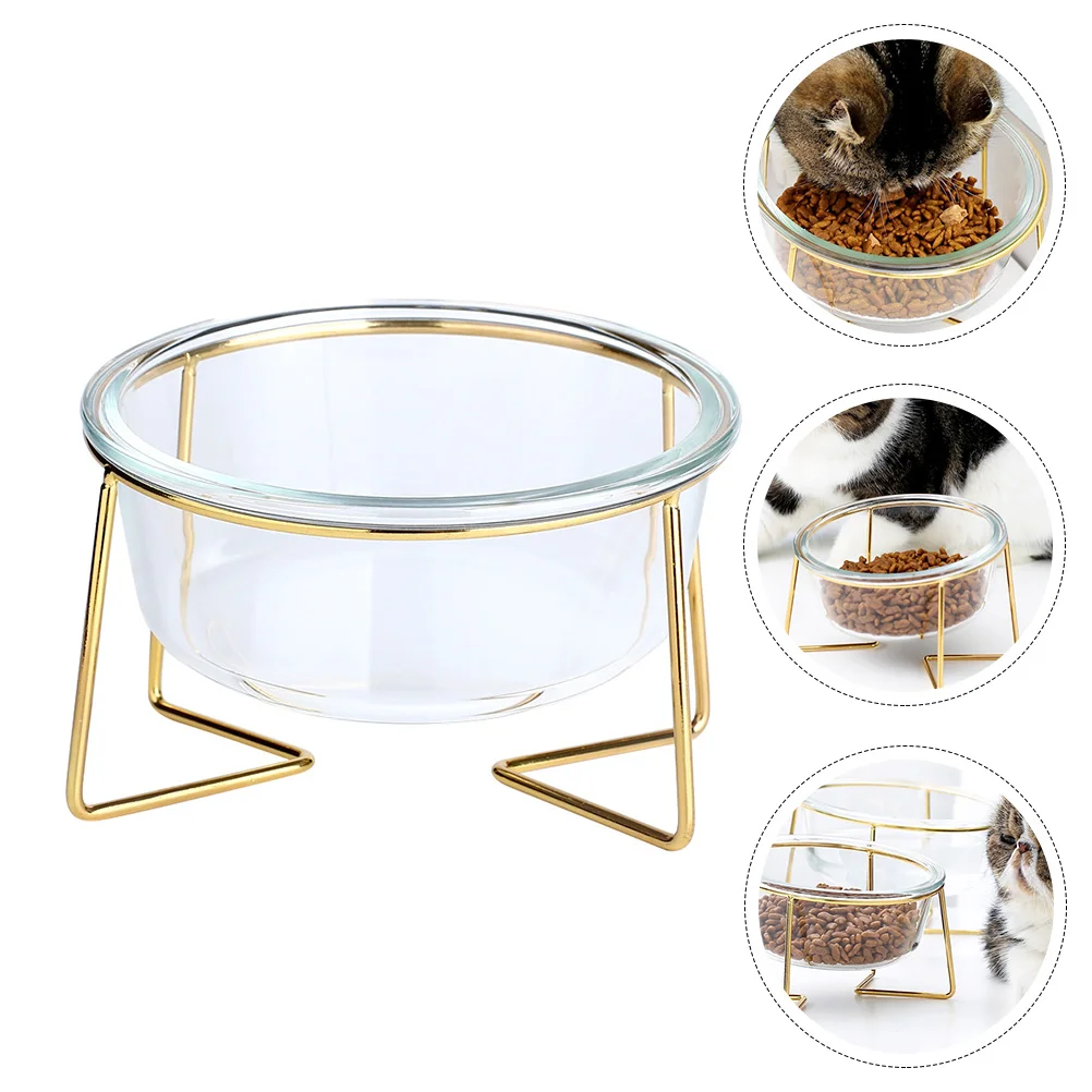 Glass Pet Bowl High Base Cat Dog Feeder Bevel Easy to Container Iron White