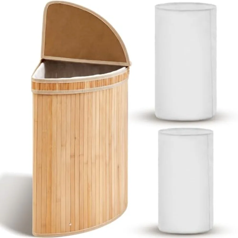 

Corner Laundry Hamper with Lid and 2 Removable Cloth Liners Bamboo Corner Laundry Basket Collapsible Clothes Basket Storage Bin