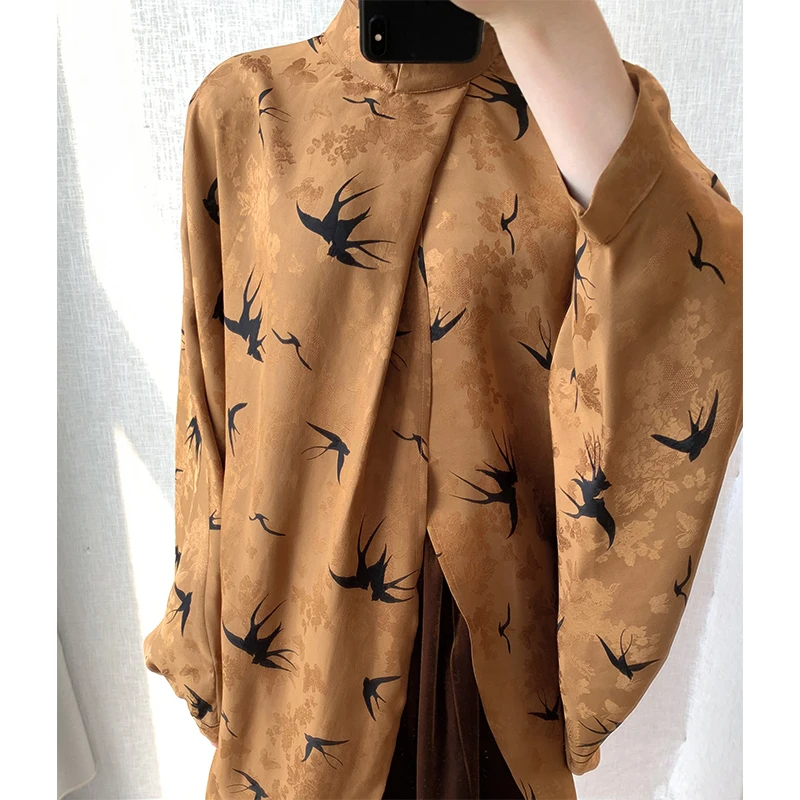 New Chinese Style Retro Swallow Printing Pattern Cross Bat Shirt Autumn New Artistic Loose Top