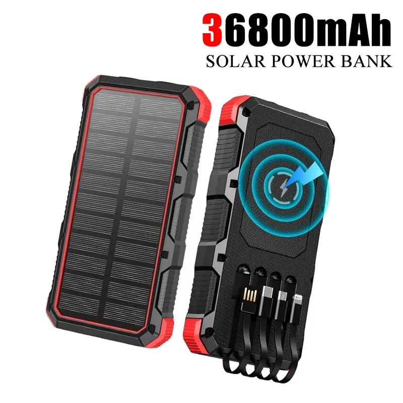 

36800mAh Solar Power Bank Wireless Charging Outdoor Portable Powerbank With Cables LED Light for iPhone 14 Samsung Xiaomi Huawei
