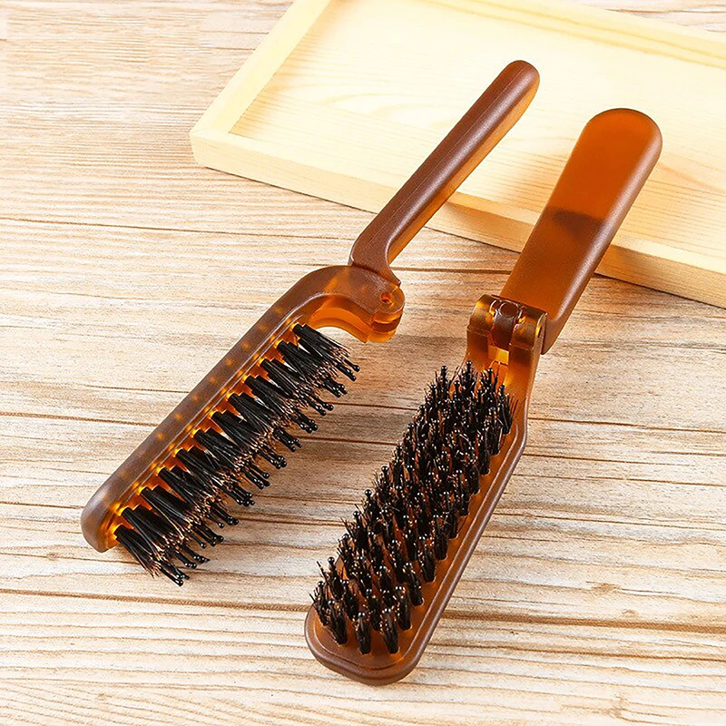 Boar Bristle Hair Brush Amber Foldable Portable Comb Pocket Collapsible Travel Massager Styling Tool Salon Men Women Gift