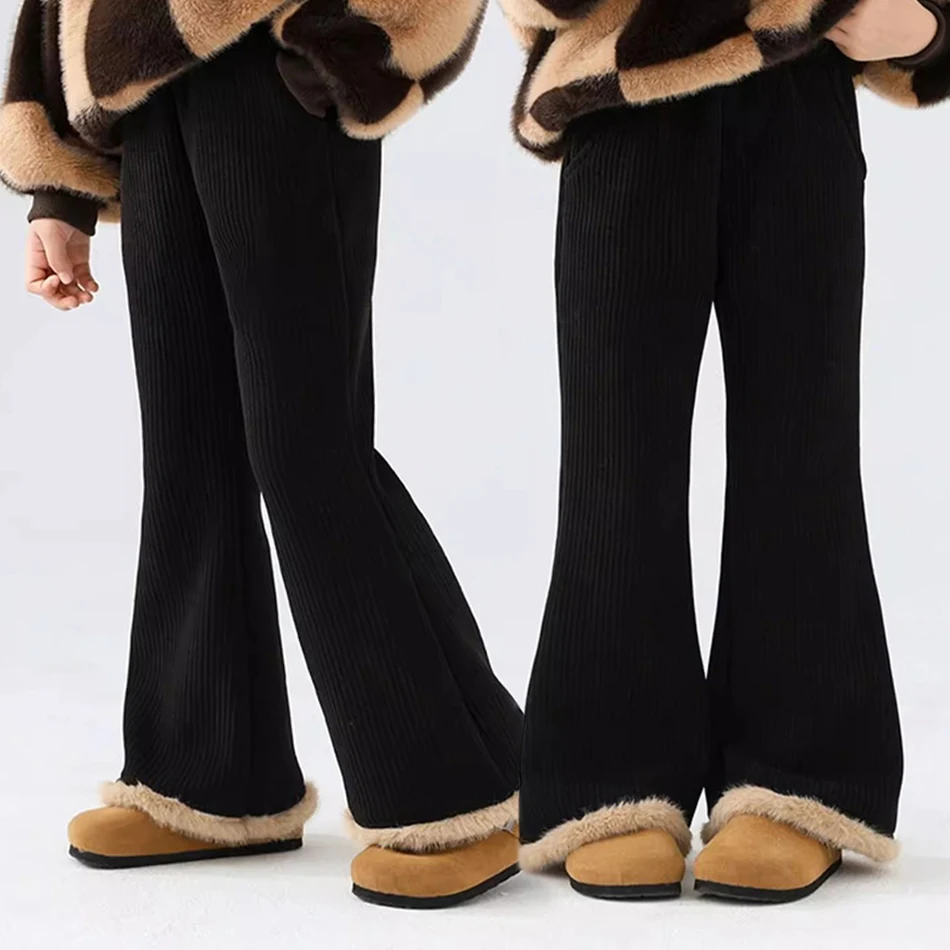 

Baby Girl Mid Waist Casual Pants Teens Spring Fleece Trousers Girls Clothes 3-12Y Kids Autumn Winter New Fashion Black Flares