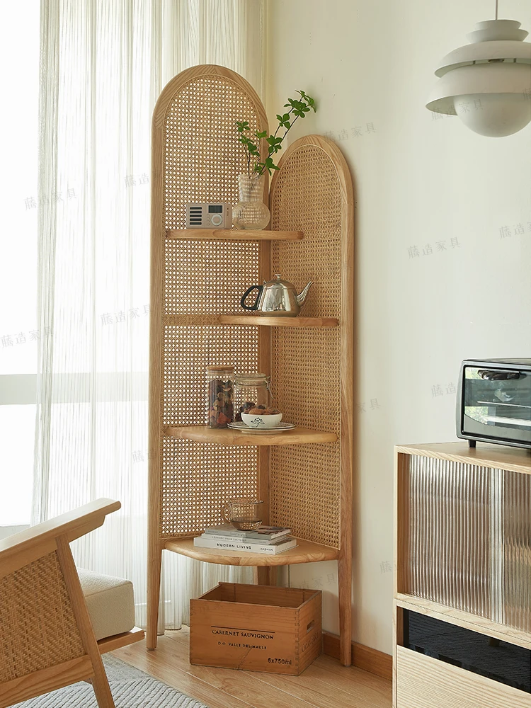 Solid wood rattan weaving shelves, corner bookshelf walls, corner terraces, living rooms, bedrooms, triangle storage