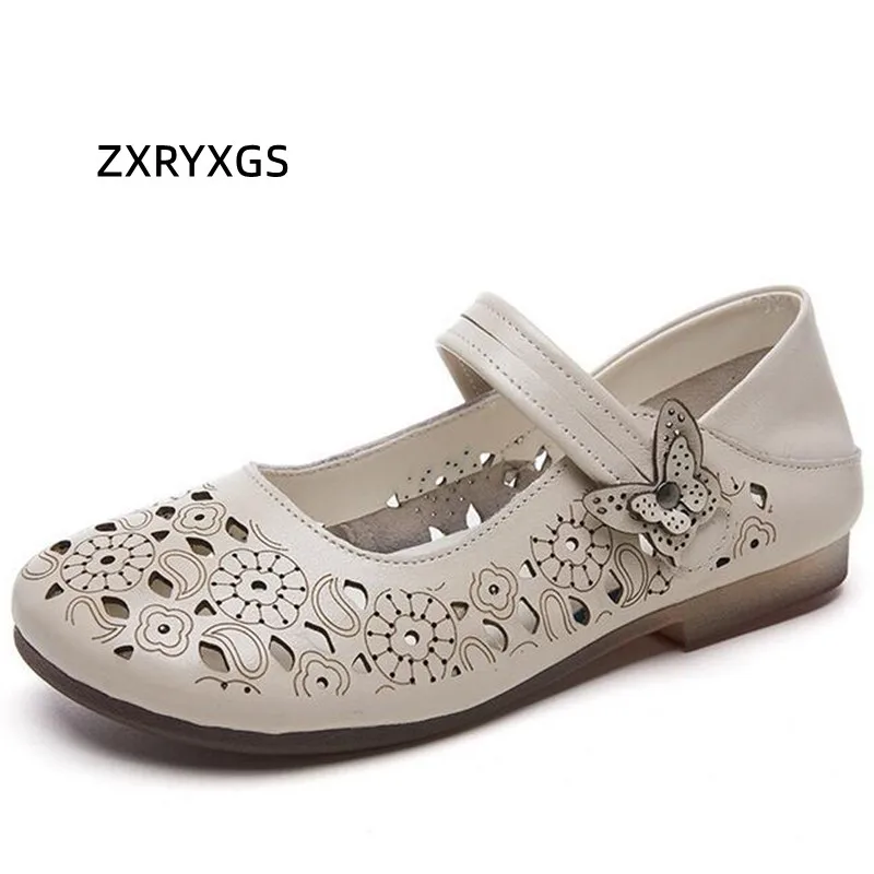 

ZXRYXGS Soft Top Cowhide Hollow Flat Sandals 2024 Spring Summer Flats Breathable Elegant Comfortable Shoes Woman New Sandals