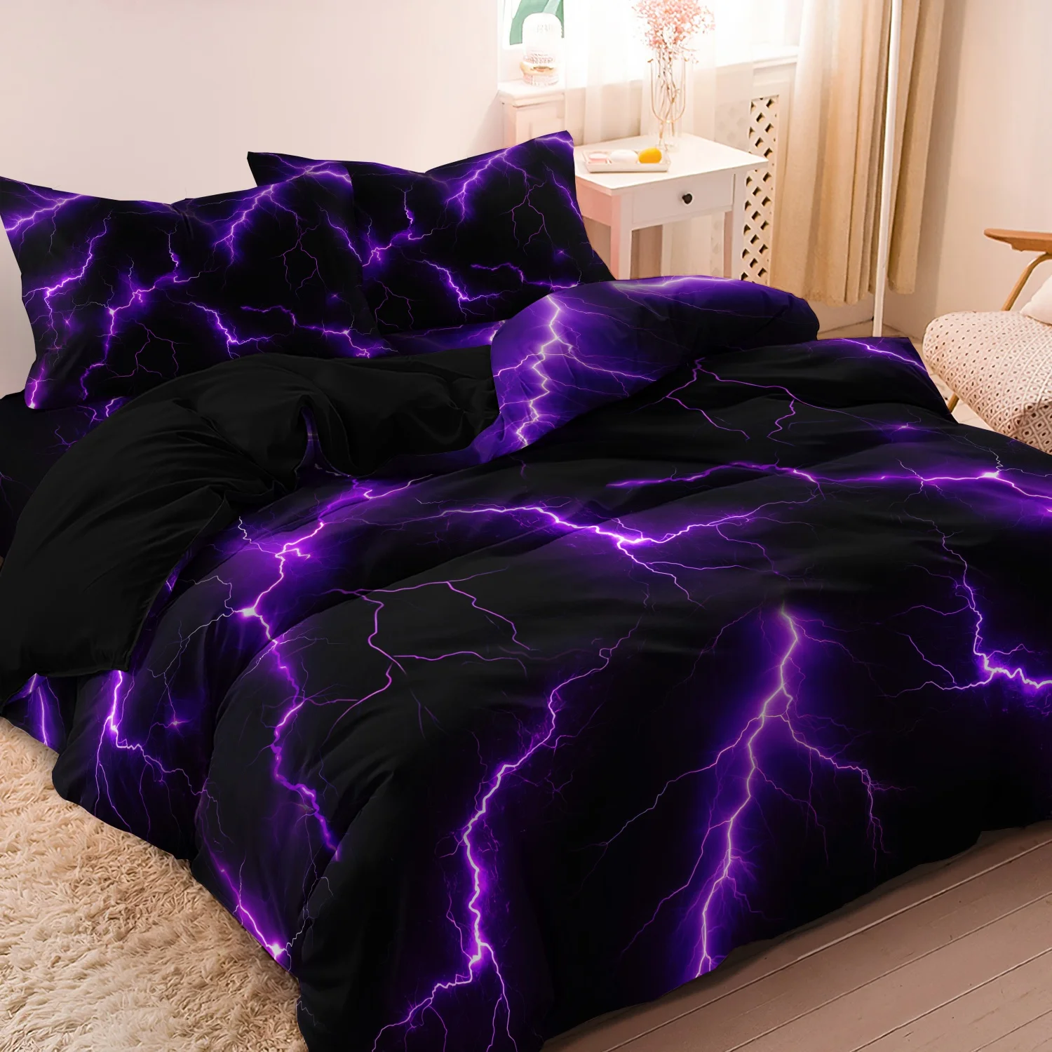 3-teiliges Set Lightning Thunder Pattern Print Bettbezug-Set, weiches, atmungsaktives Bettwäsche-Set für Zuhause, Schlafsaal