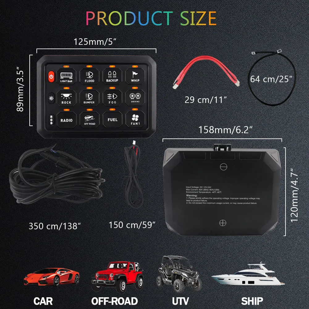 Multifuncional LED Trabalho Light Bar Switch Box, 12 Gang, Painel RGB, Switches, Box, Controlador para carros universais, caminhão, barco, UTV, 4X4,