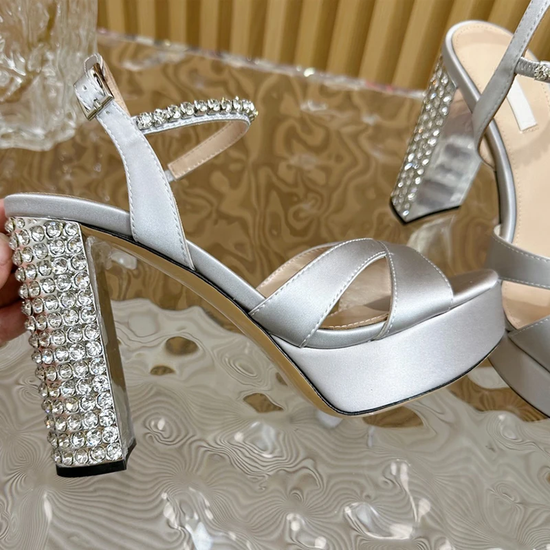 Bling Bling Crystal Stud Chunky High Heel Women Sandals Silk Leather Cross Open Toe Platform Rhinestone Buckle Strap Party Shoes