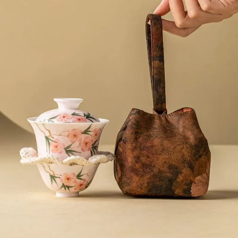 Peach Powder Hand-painted Peach Blossom Express Cup Ceramic Portable Travel Tea Set One Person Drink Outdoor Tea et Storage Bag