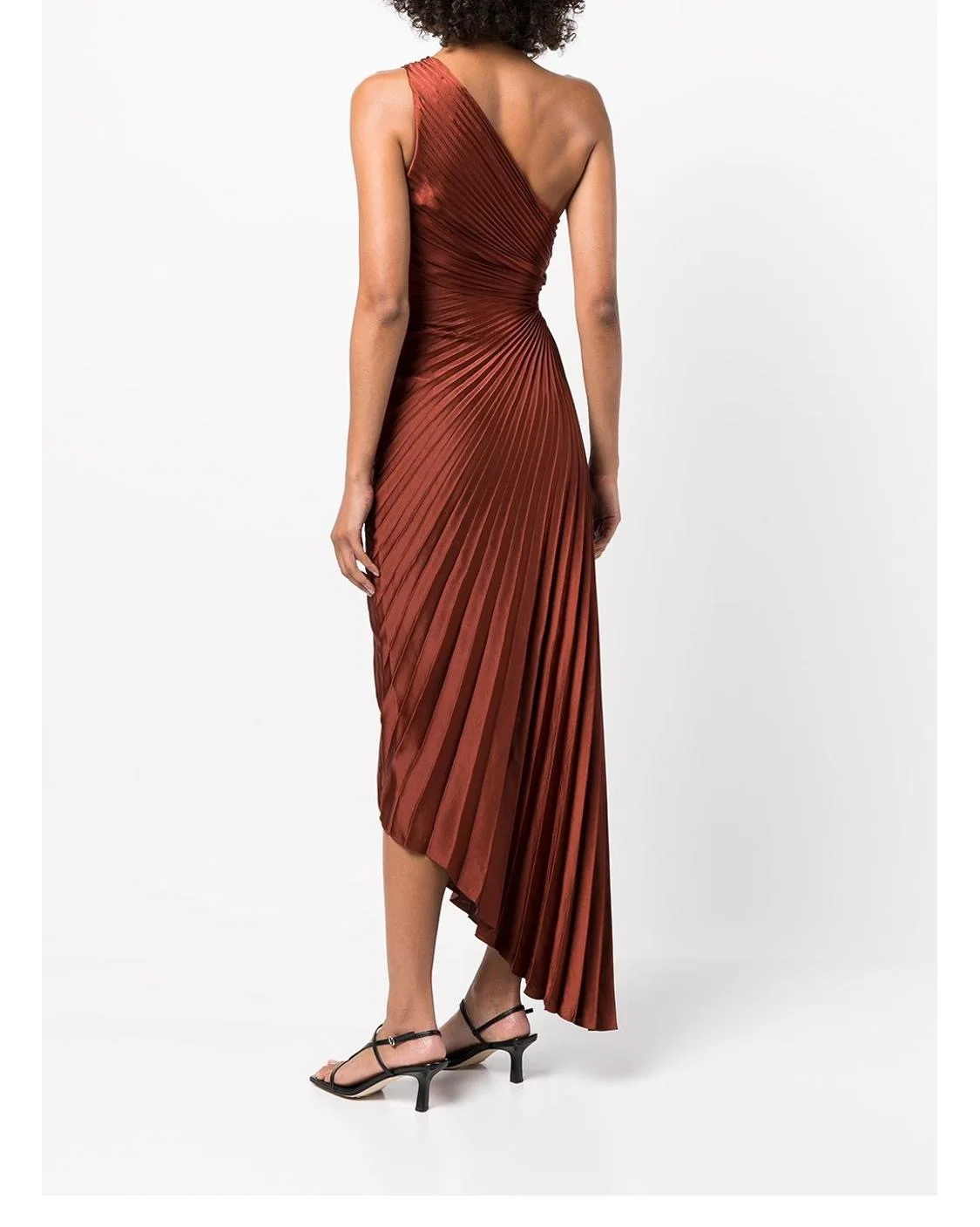 With Label ALC** Summer/Autumn Women Dress Polyester Asymmetry One-Shoulder Brown Hole Ankle-Length Vintage High Waist